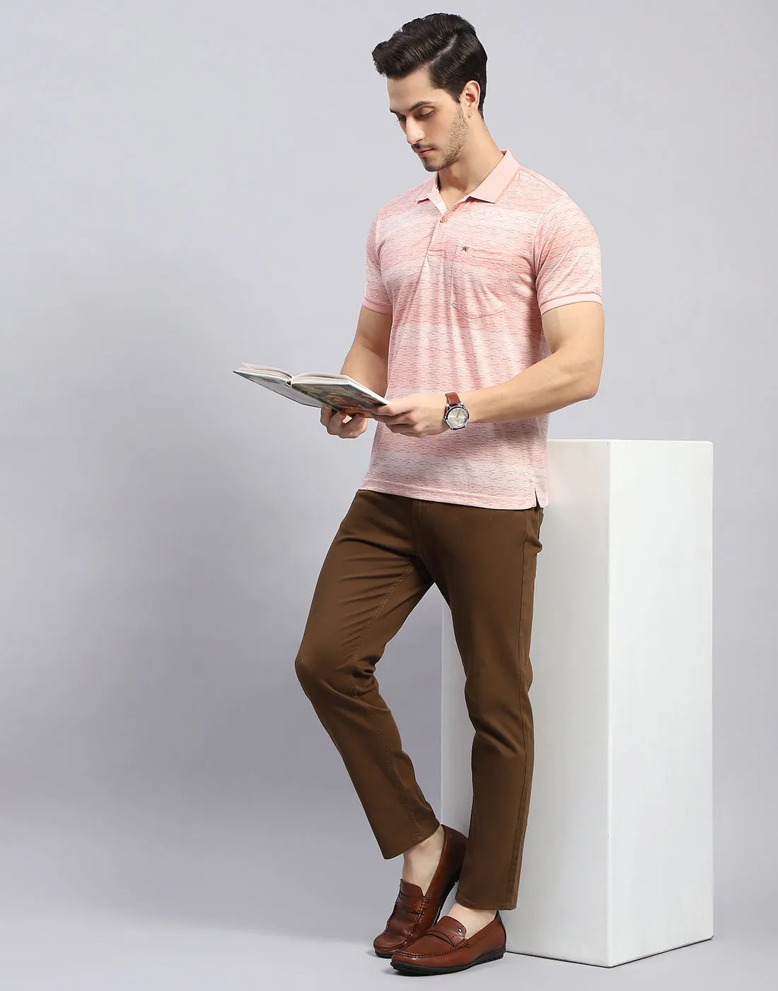 Men Pink Self Design Polo Collar Half Sleeve T-Shirt sold by Monte Carlo