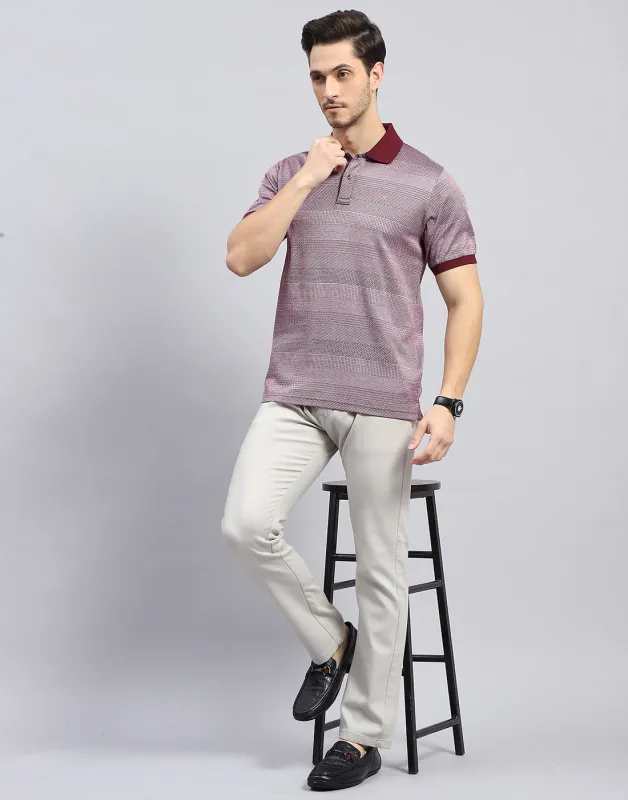 Men Maroon Self Design Polo Collar Half Sleeve T-Shirt made by Monte Carlo
