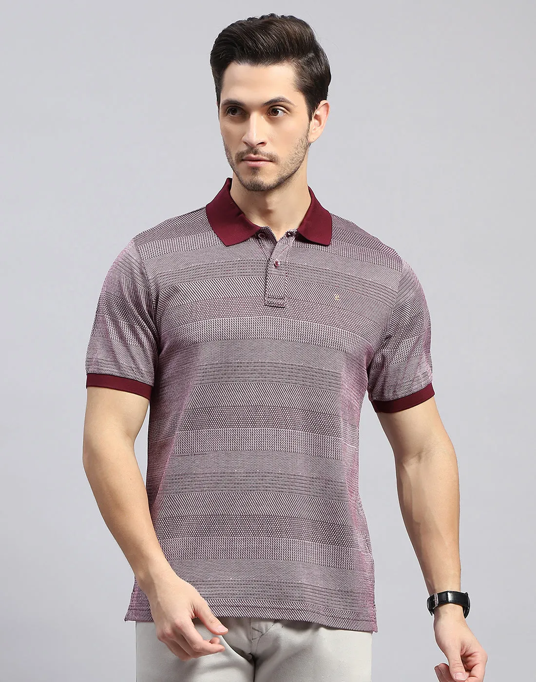 Men Maroon Self Design Polo Collar Half Sleeve T-Shirt sold by Monte Carlo product image thumbnail 2