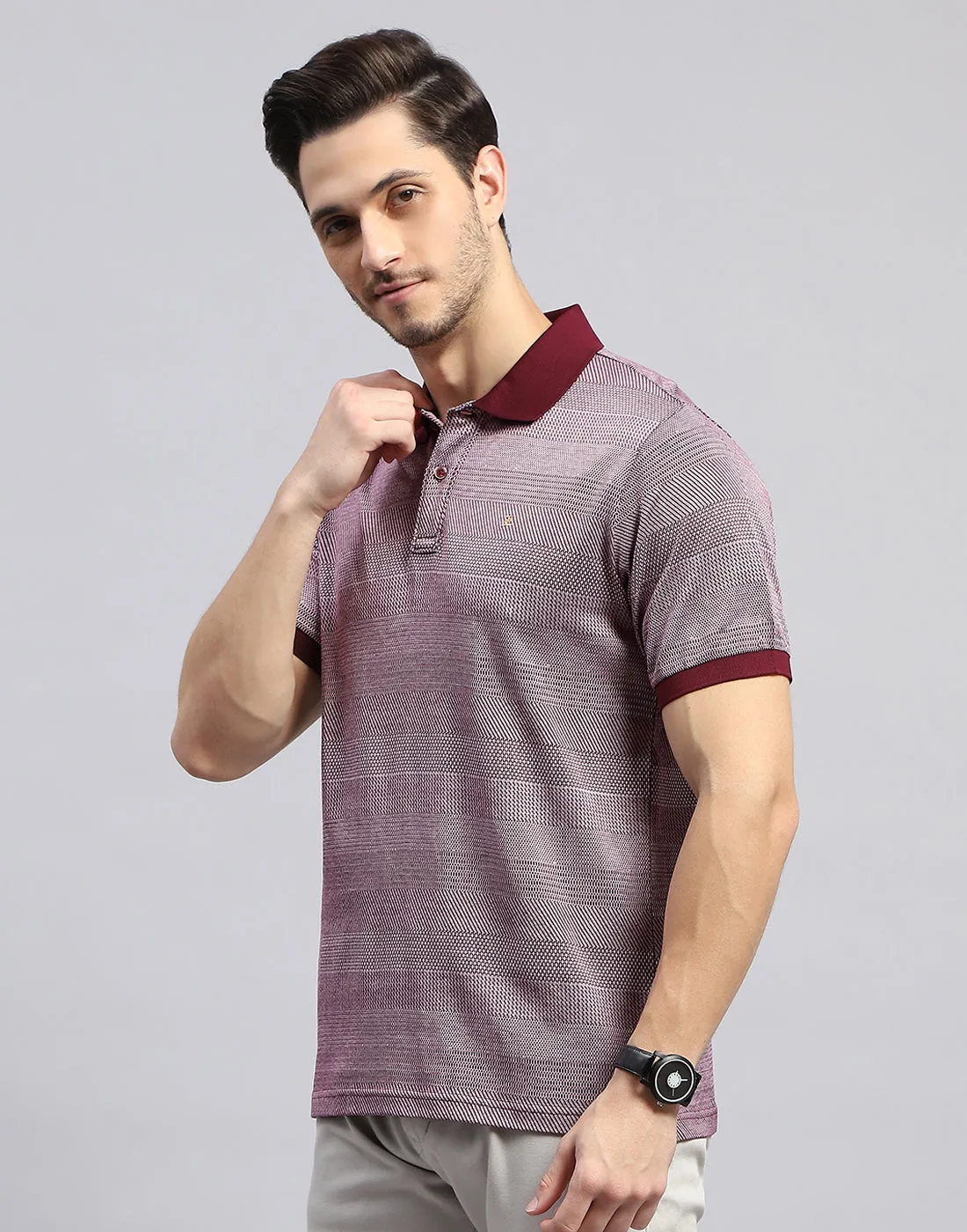 Men Maroon Self Design Polo Collar Half Sleeve T-Shirt sold by Monte Carlo product image thumbnail 3