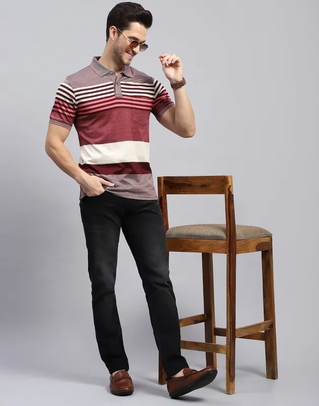 Men Maroon Stripe Polo Collar Half Sleeve T-Shirt sold by Monte Carlo
