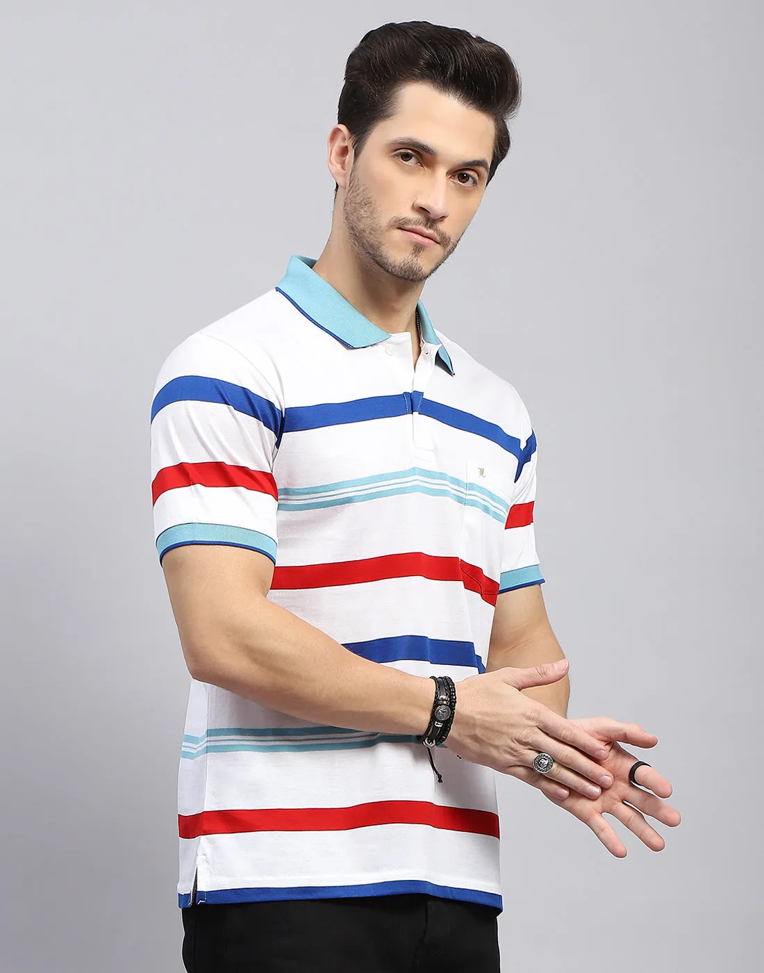 Men White Stripe Polo Collar Half Sleeve T-Shirt sold by Monte Carlo product image thumbnail 4