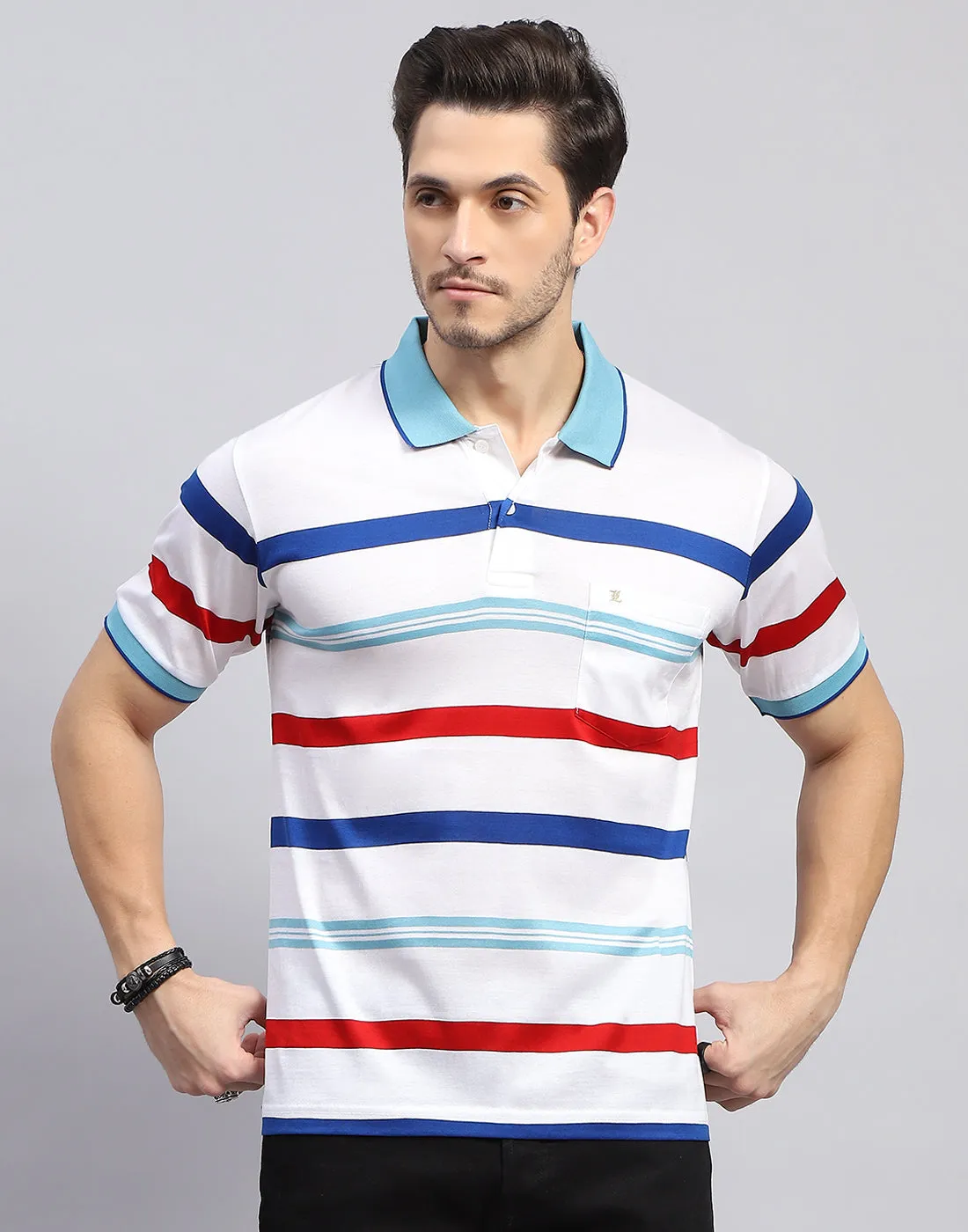 Men White Stripe Polo Collar Half Sleeve T-Shirt sold by Monte Carlo product image thumbnail 2