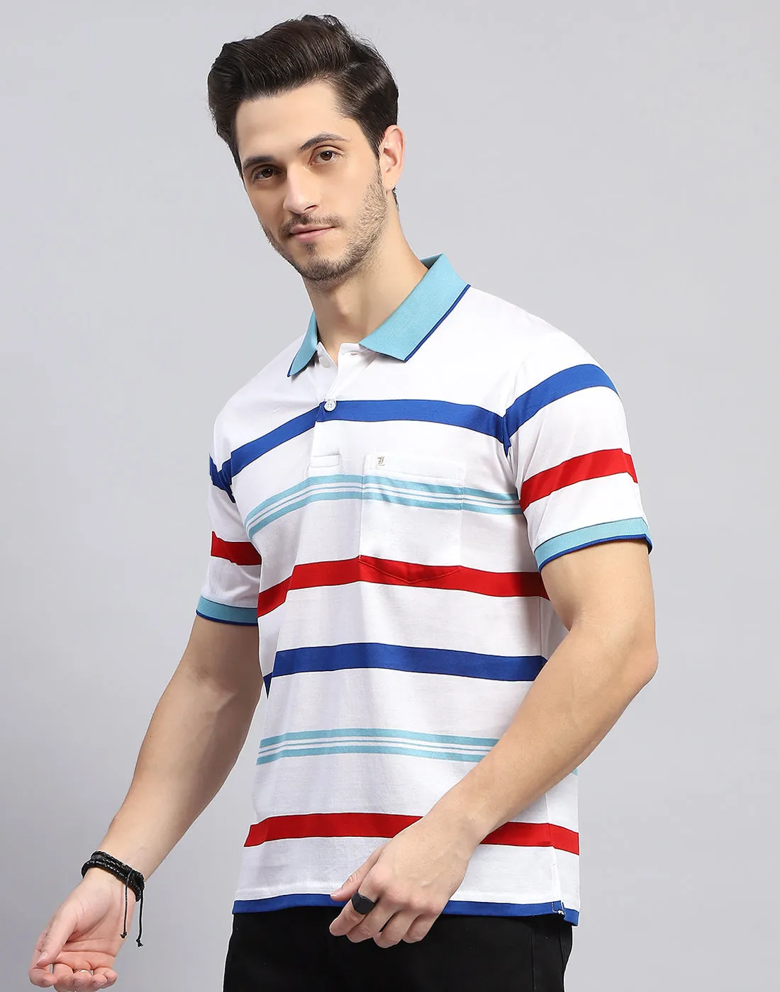 Men White Stripe Polo Collar Half Sleeve T-Shirt sold by Monte Carlo product image thumbnail 3