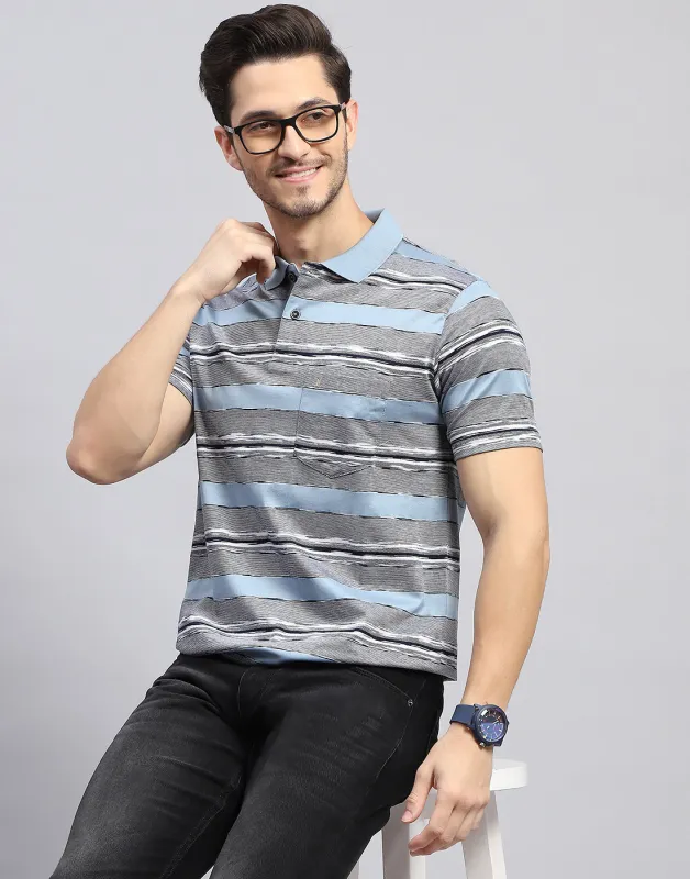 Men Sky Blue Stripe Polo Collar Half Sleeve T-Shirt sold by Monte Carlo