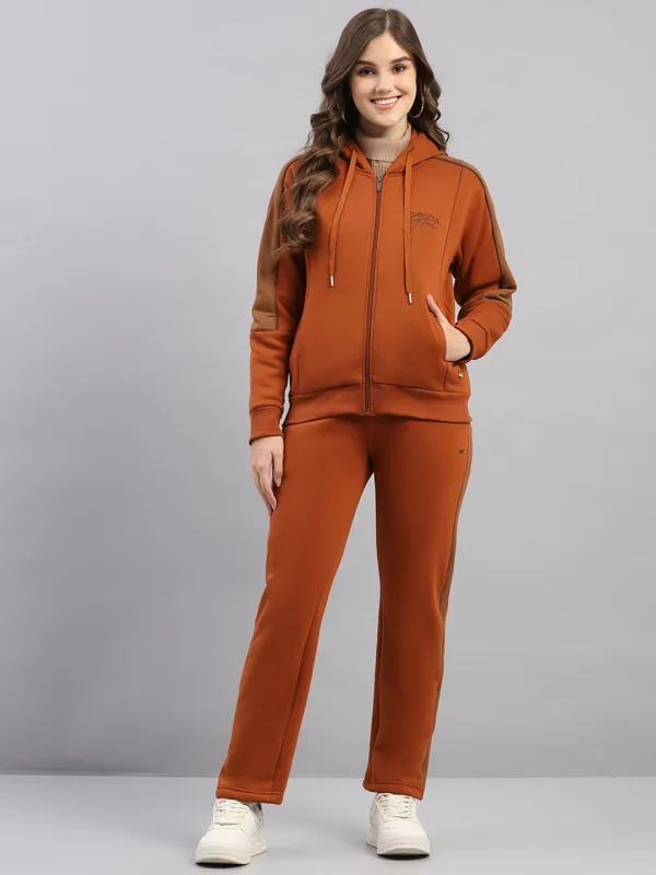 Women Brown Printed Hooded Full Sleeve Winter Tracksuit sold by Monte Carlo