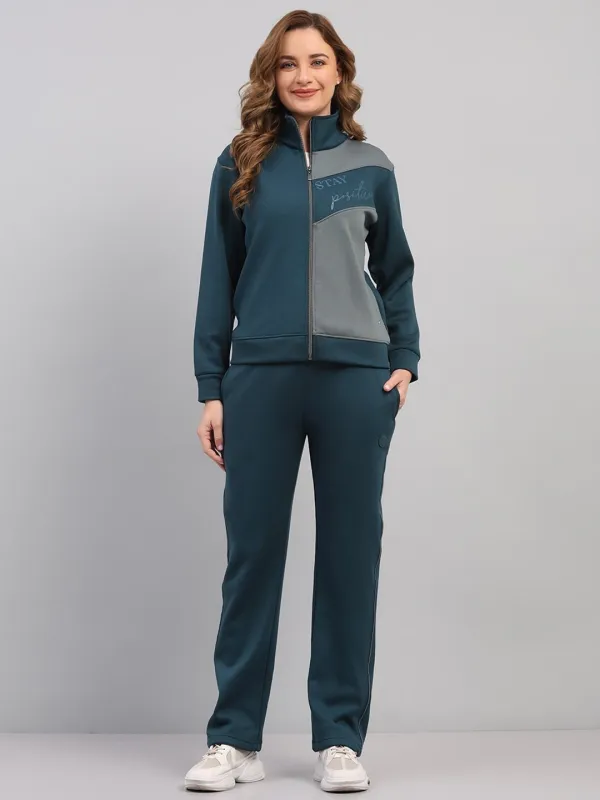 Women Teal Blue Printed Mock Neck Full Sleeve Winter Tracksuit sold by Monte Carlo