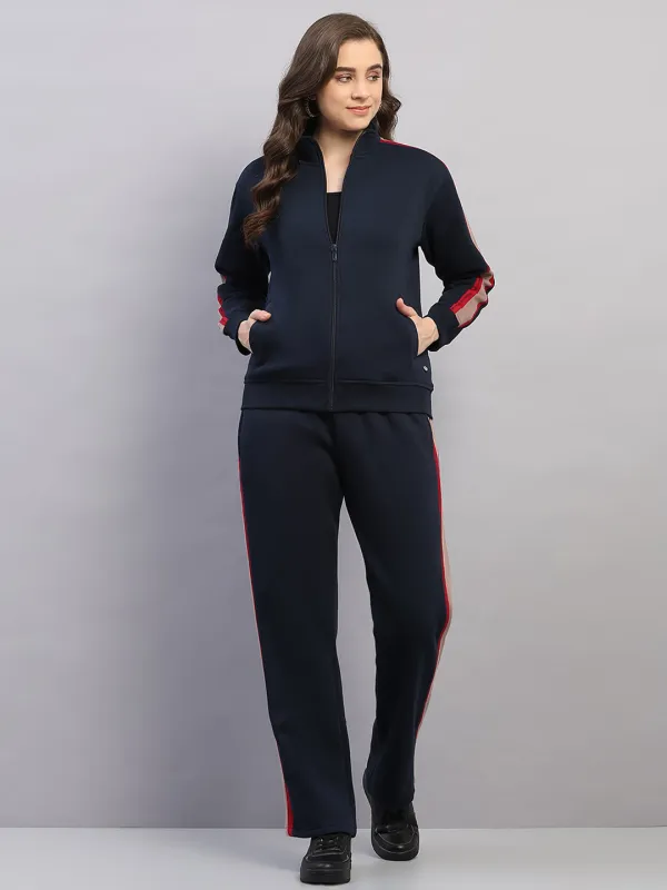 Women Navy Blue Printed Mock Neck Full Sleeve Winter Tracksuit sold by Monte Carlo