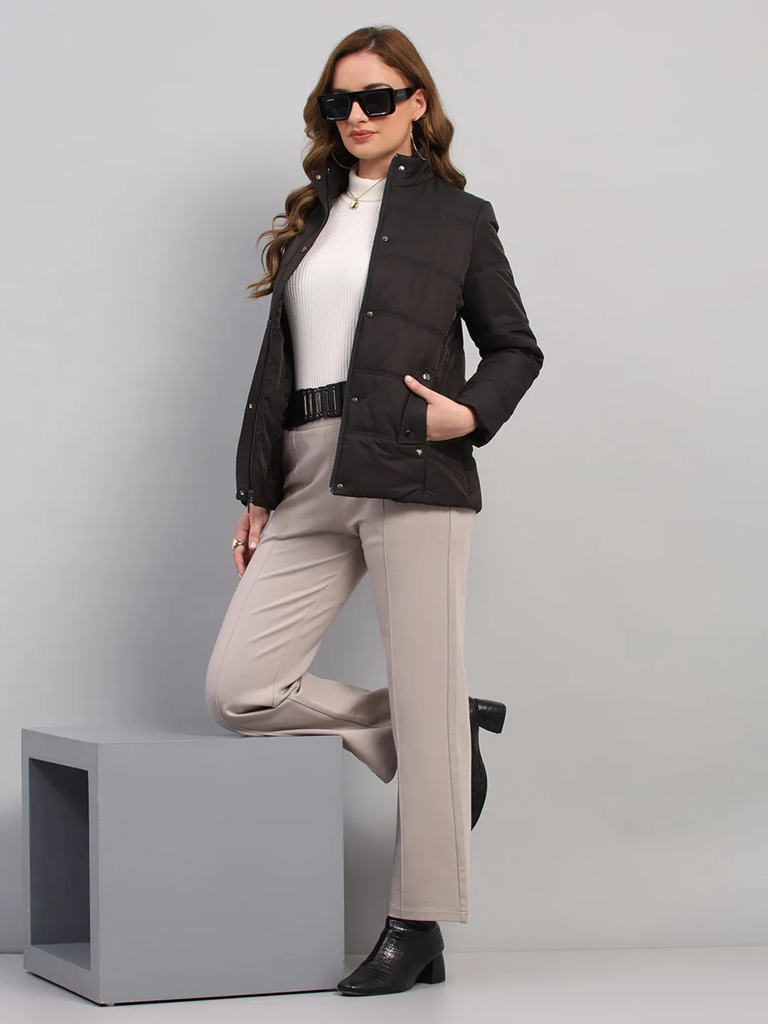 Women Charcoal Solid Collar Full Sleeve Jacket sold by Monte Carlo product image thumbnail 2