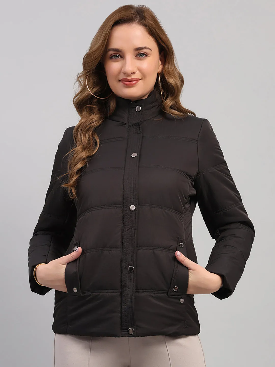 Women Charcoal Solid Collar Full Sleeve Jacket sold by Monte Carlo