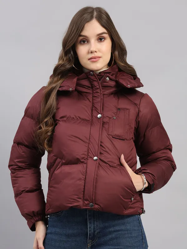 Women Burgundy Solid Hooded Full Sleeve Jacket sold by Monte Carlo
