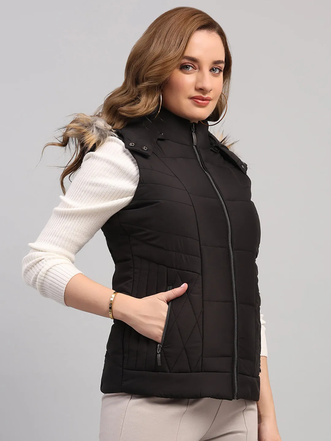 Women Black Solid Hooded Sleeveless Jacket sold by Monte Carlo product image thumbnail 4