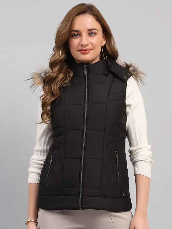 Women Black Solid Hooded Sleeveless Jacket sold by Monte Carlo