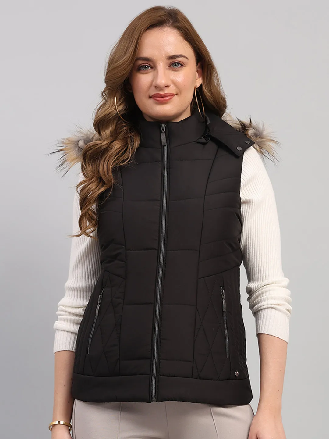 Women Black Solid Hooded Sleeveless Jacket sold by Monte Carlo