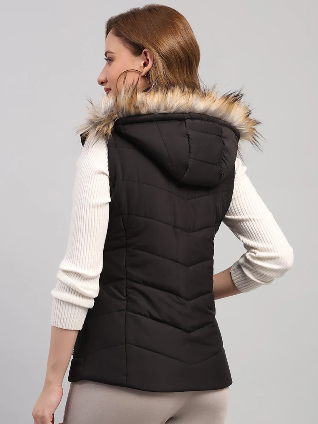 Women Black Solid Hooded Sleeveless Jacket sold by Monte Carlo product image thumbnail 5