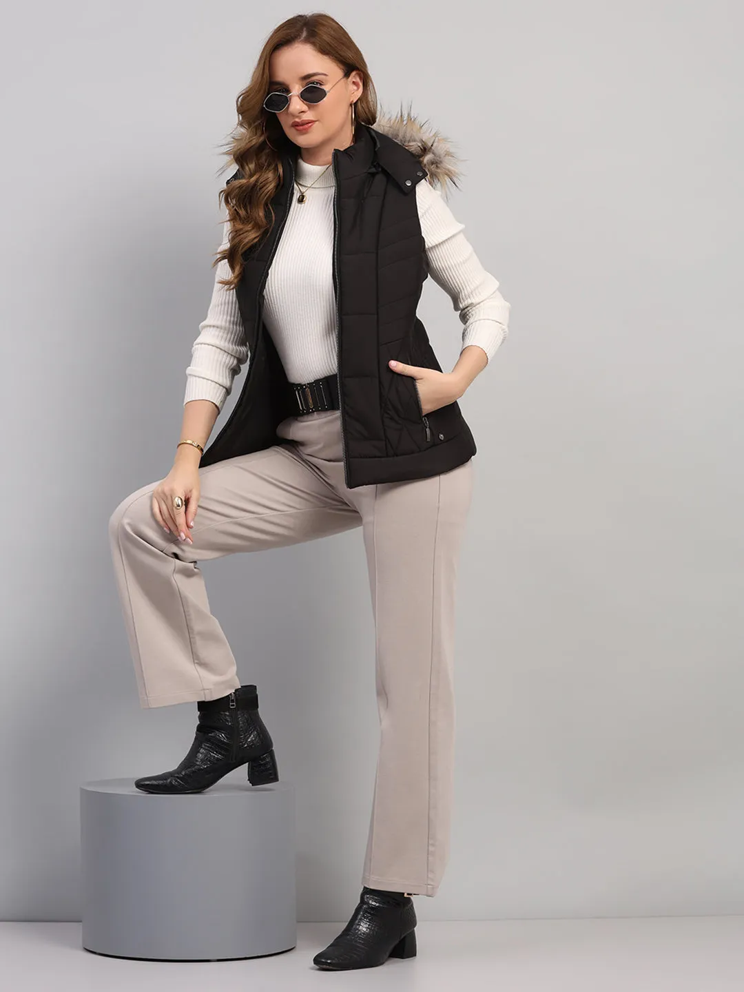 Women Black Solid Hooded Sleeveless Jacket sold by Monte Carlo product image thumbnail 2