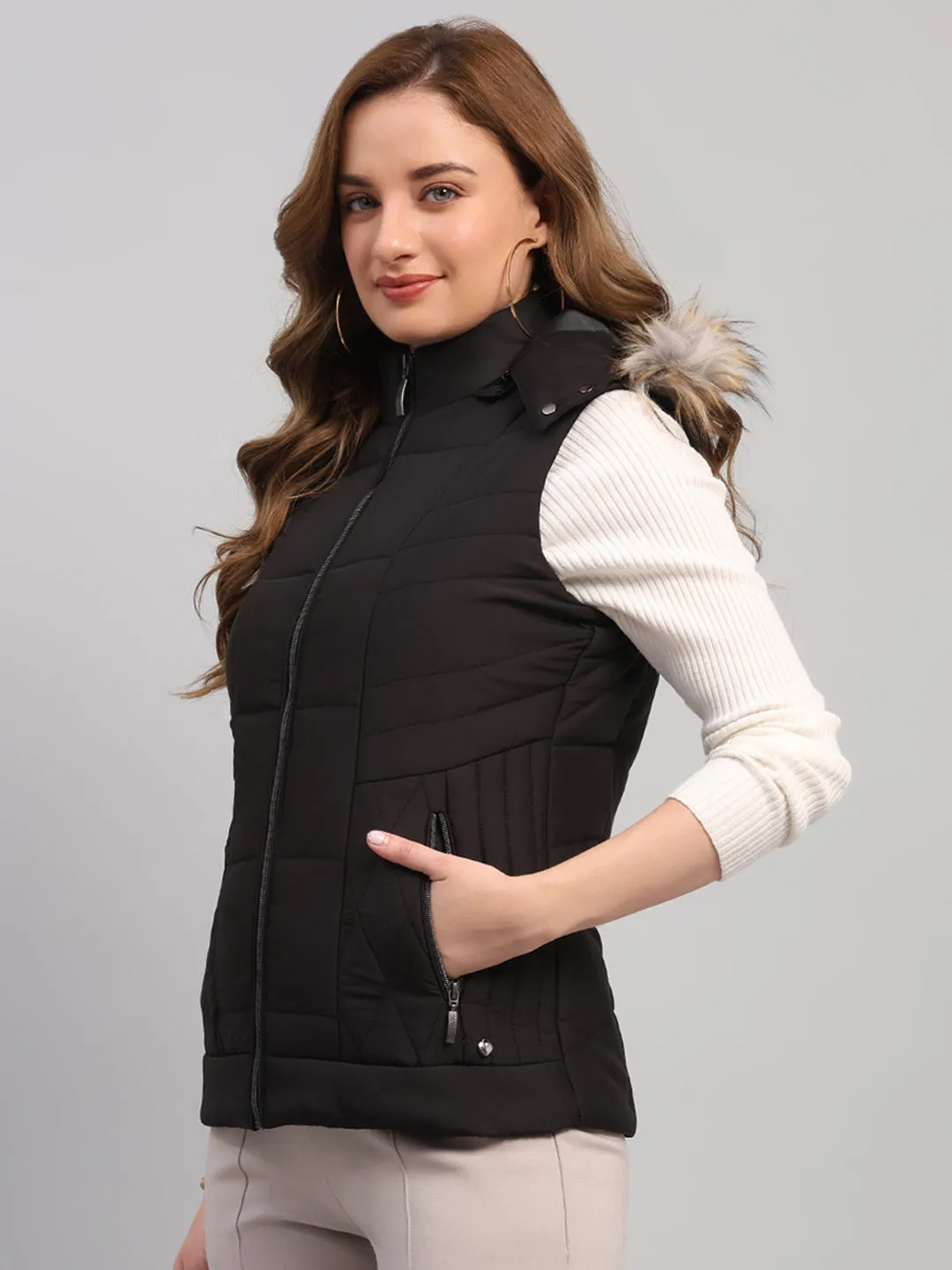 Women Black Solid Hooded Sleeveless Jacket sold by Monte Carlo product image thumbnail 3