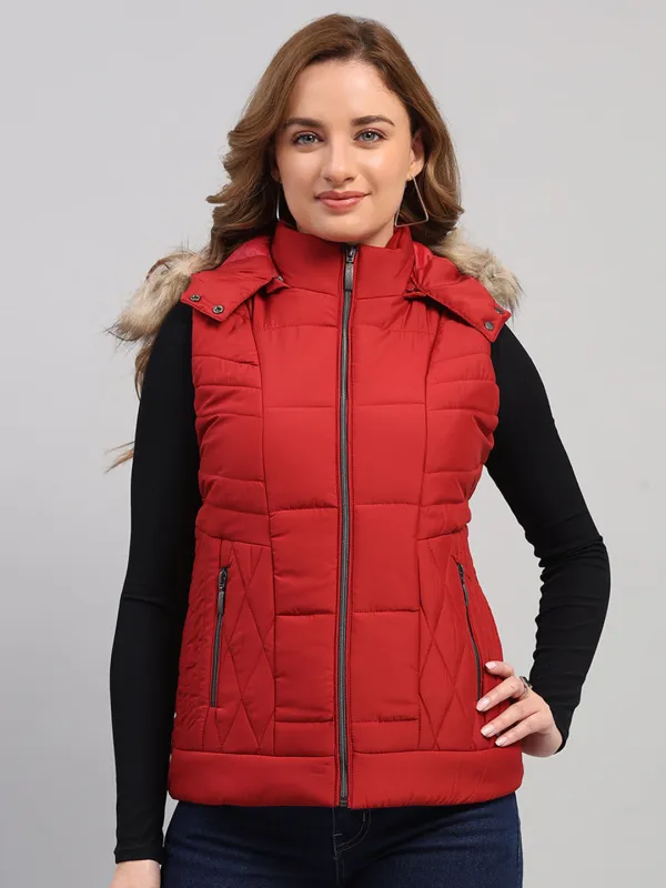 Women Red Solid Hooded Sleeveless Jacket sold by Monte Carlo