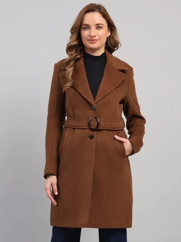 Women Brown Solid Collar Full Sleeve Coat sold by Monte Carlo