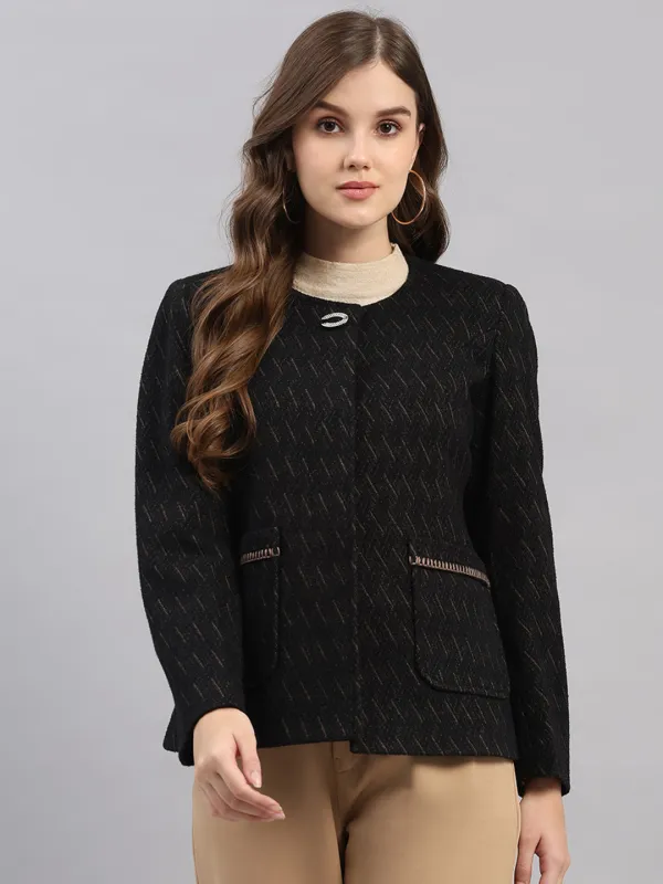 Women Black Self Design Collar Full Sleeve Coat made by Monte Carlo