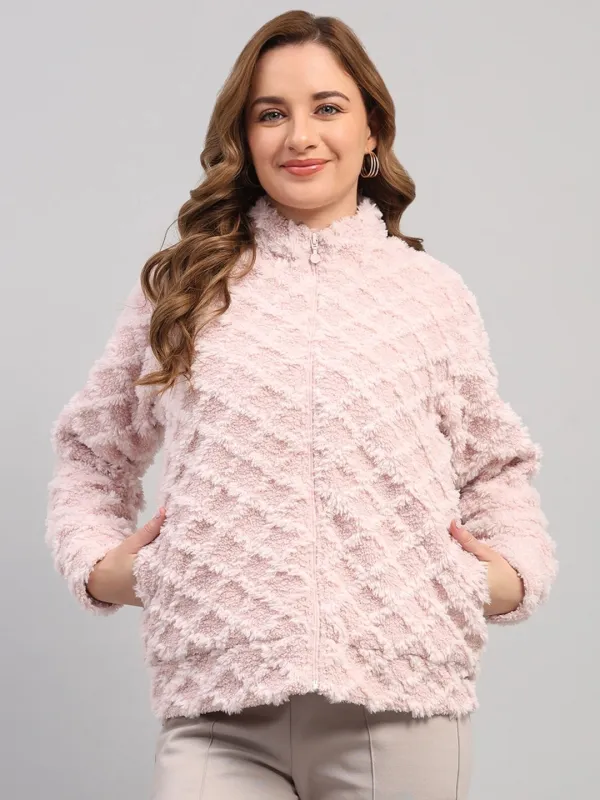 Rock.it Women Peach Self Design Round Neck Full Sleeve Knitted Jacket sold by Monte Carlo