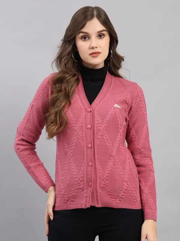 Women Pink Printed V Neck Full Sleeve Cardigan sold by Monte Carlo