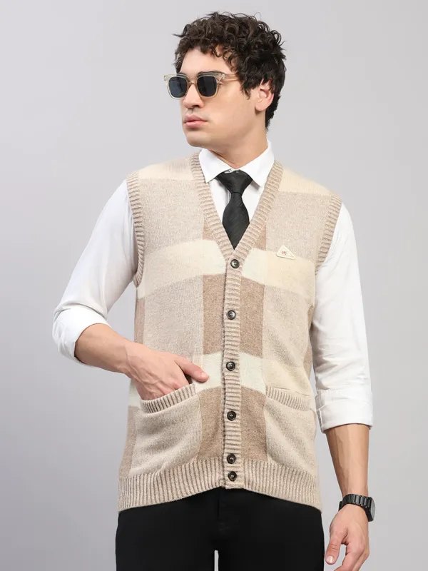 Men Beige Printed V Neck Sleeveless Cardigan sold by Monte Carlo