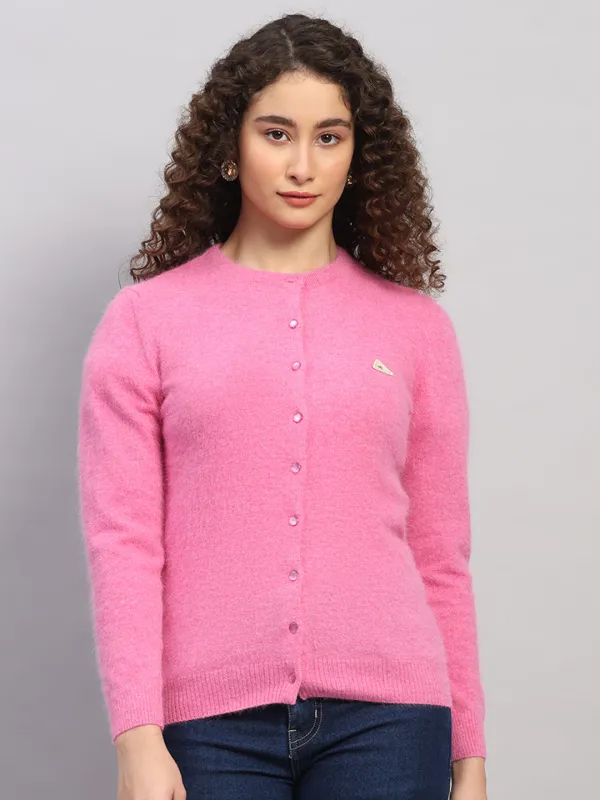 Women Pink Solid Round Neck Full Sleeve Cardigan sold by Monte Carlo