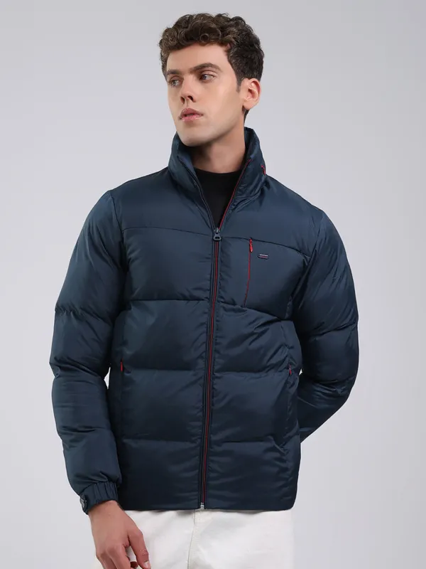 Men Navy Blue Solid Hooded Full Sleeve Jacket sold by Monte Carlo