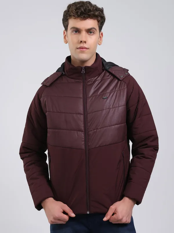 Men Burgundy Solid Hooded Full Sleeve Jacket sold by Monte Carlo
