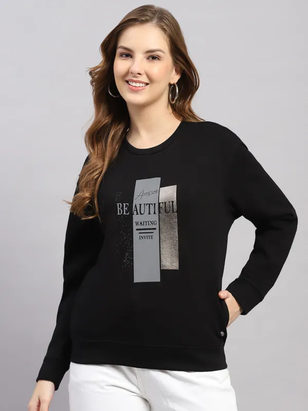 Women Black Printed Round Neck Full Sleeve Sweatshirt sold by Monte Carlo