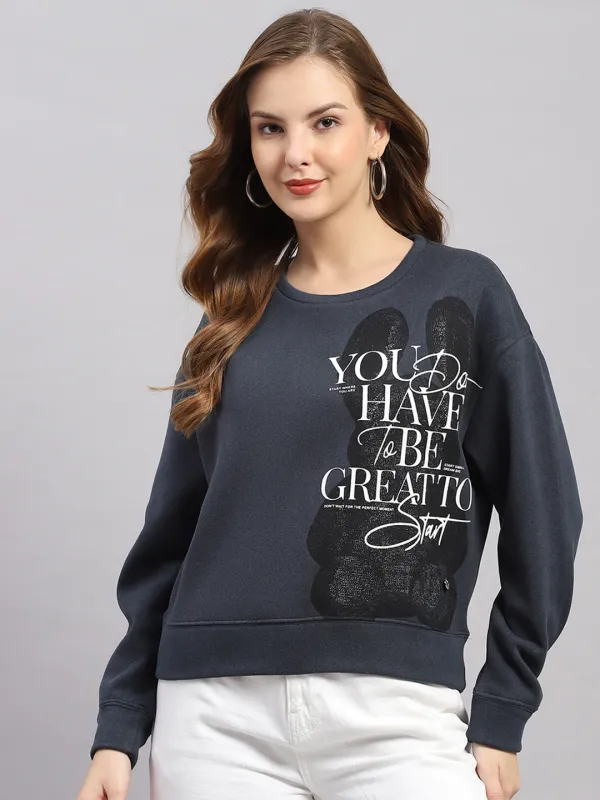 Women Navy Blue Printed Round Neck Full Sleeve Sweatshirt sold by Monte Carlo