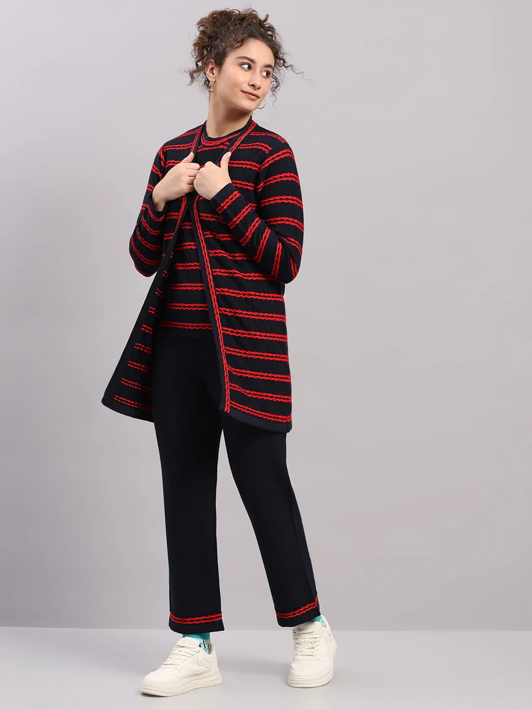 Women Navy Blue Self Design Round Neck Full Sleeve Cords Set sold by Monte Carlo product image thumbnail 3