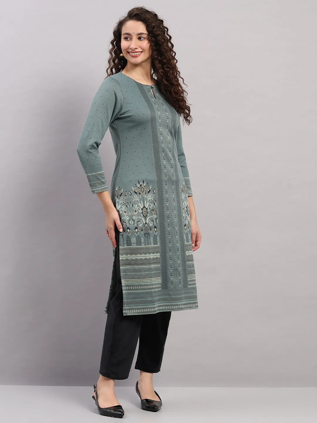 Women Light Blue Printed Round Neck Full Sleeve Winter Kurti sold by Monte Carlo product image thumbnail 4