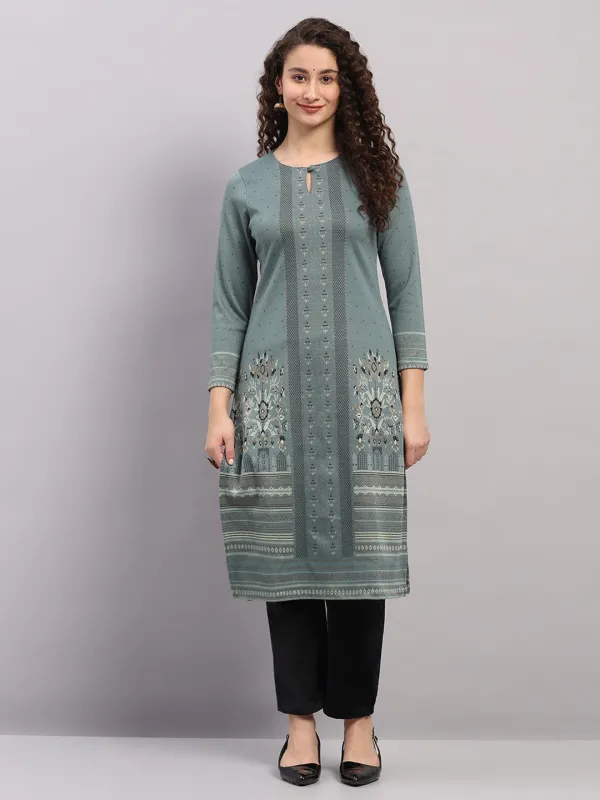 Women Light Blue Printed Round Neck Full Sleeve Winter Kurti made by Monte Carlo