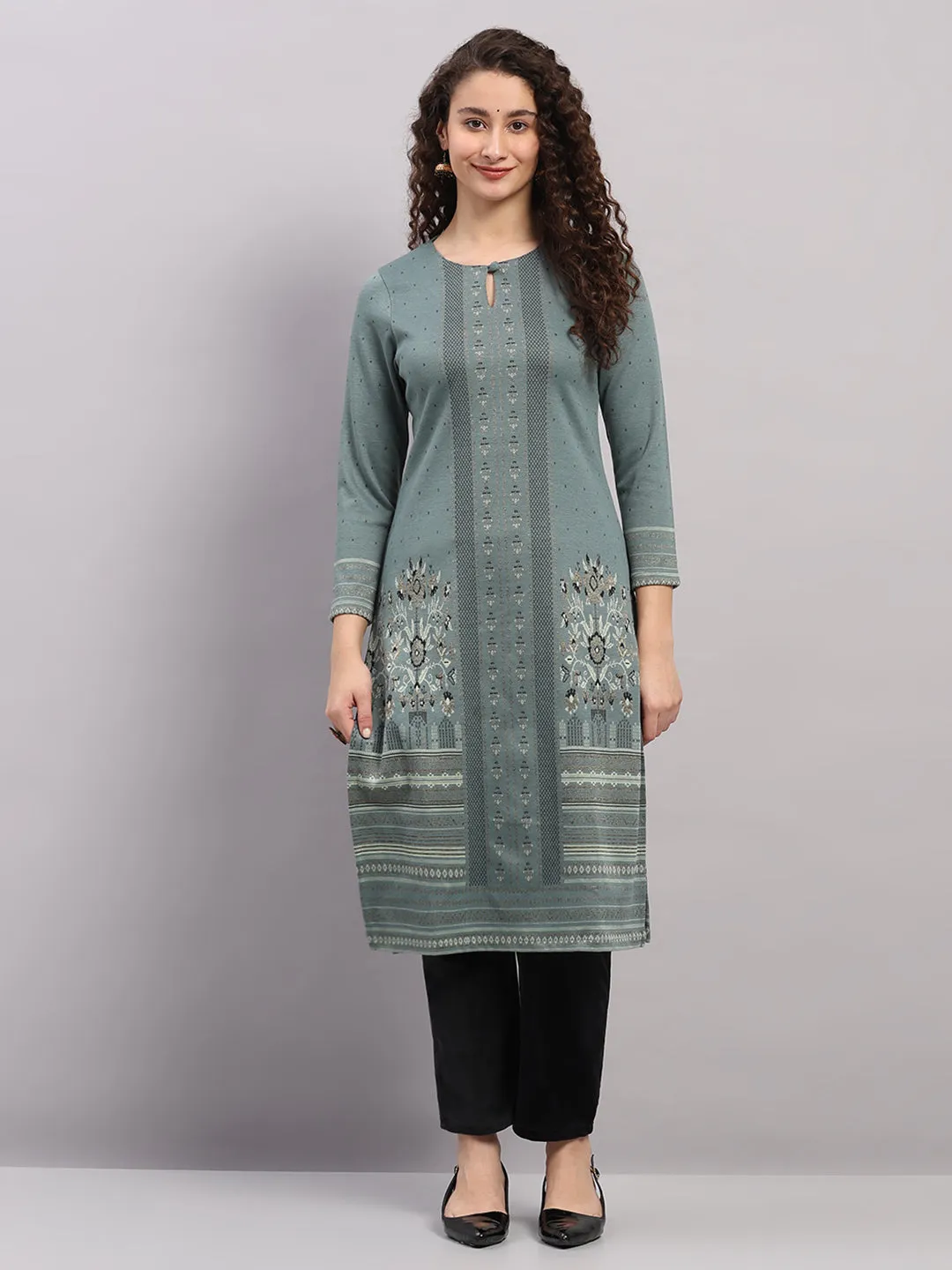 Women Light Blue Printed Round Neck Full Sleeve Winter Kurti sold by Monte Carlo