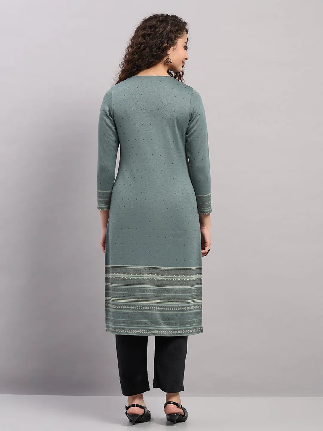 Women Light Blue Printed Round Neck Full Sleeve Winter Kurti sold by Monte Carlo product image thumbnail 5