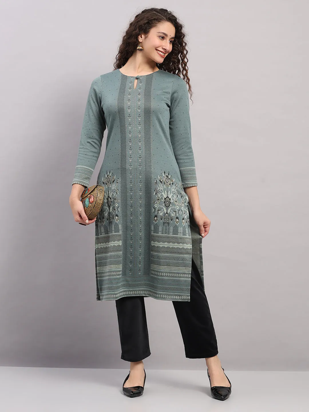 Women Light Blue Printed Round Neck Full Sleeve Winter Kurti sold by Monte Carlo product image thumbnail 2