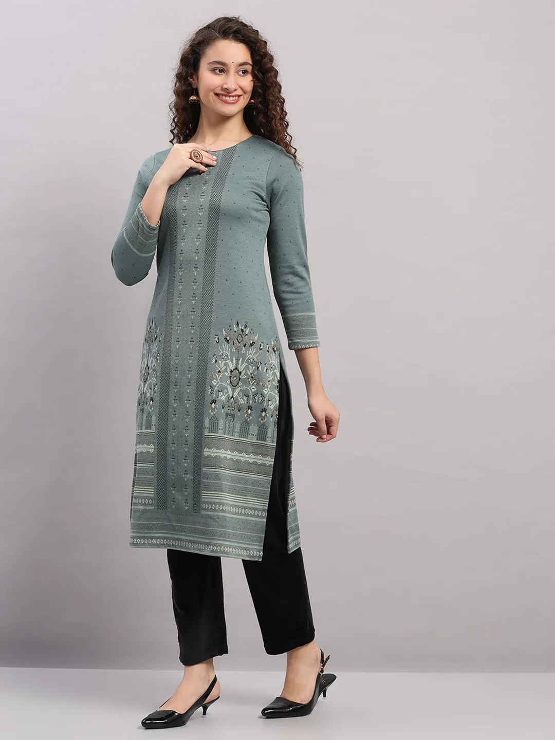 Women Light Blue Printed Round Neck Full Sleeve Winter Kurti sold by Monte Carlo product image thumbnail 3