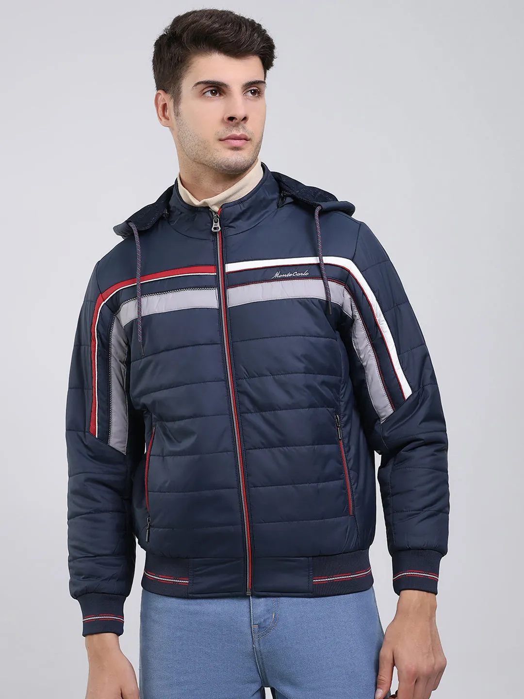 Men Navy Blue Solid Hooded Full Sleeve Jacket sold by Monte Carlo