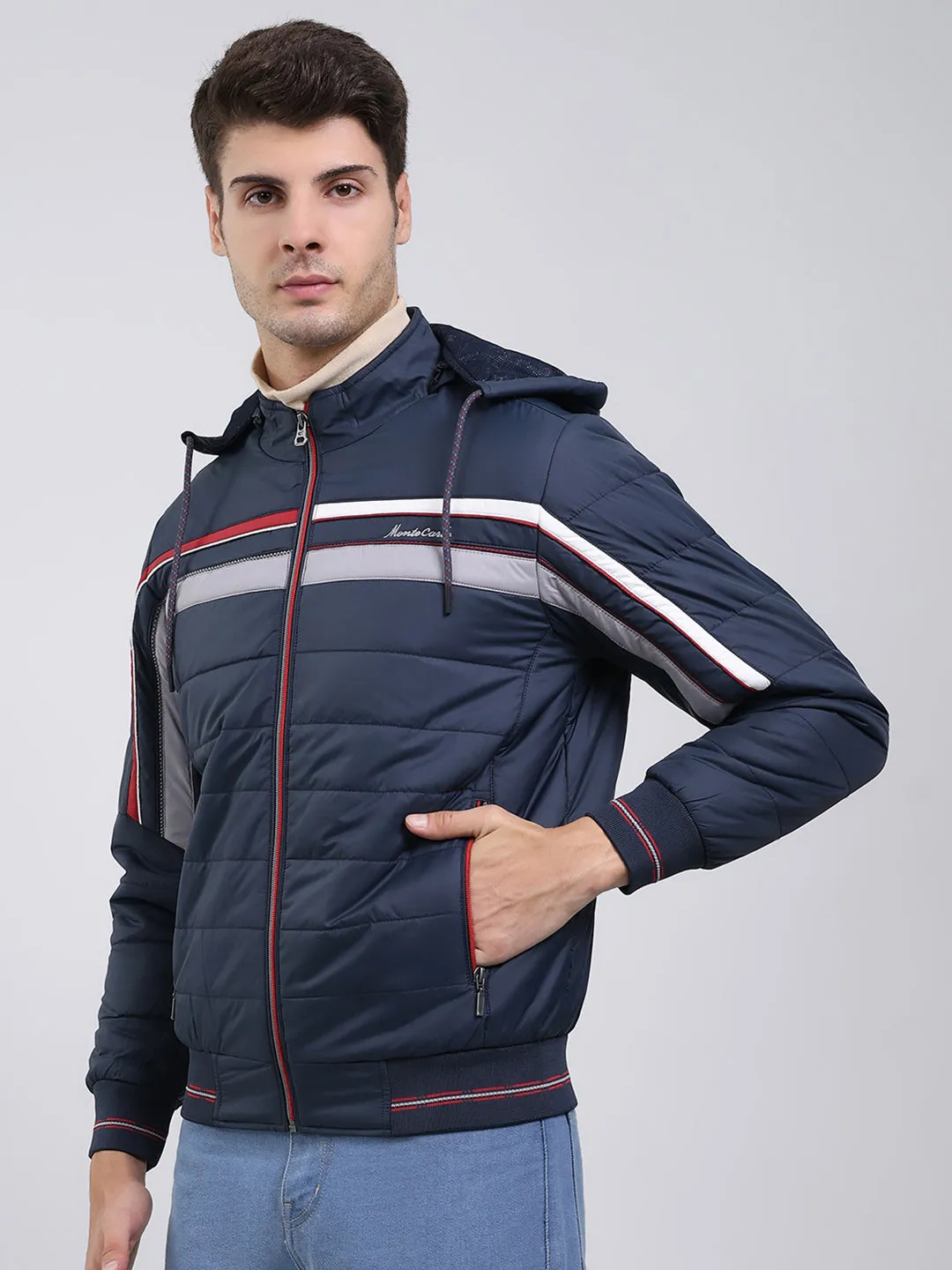 Men Navy Blue Solid Hooded Full Sleeve Jacket sold by Monte Carlo product image thumbnail 3