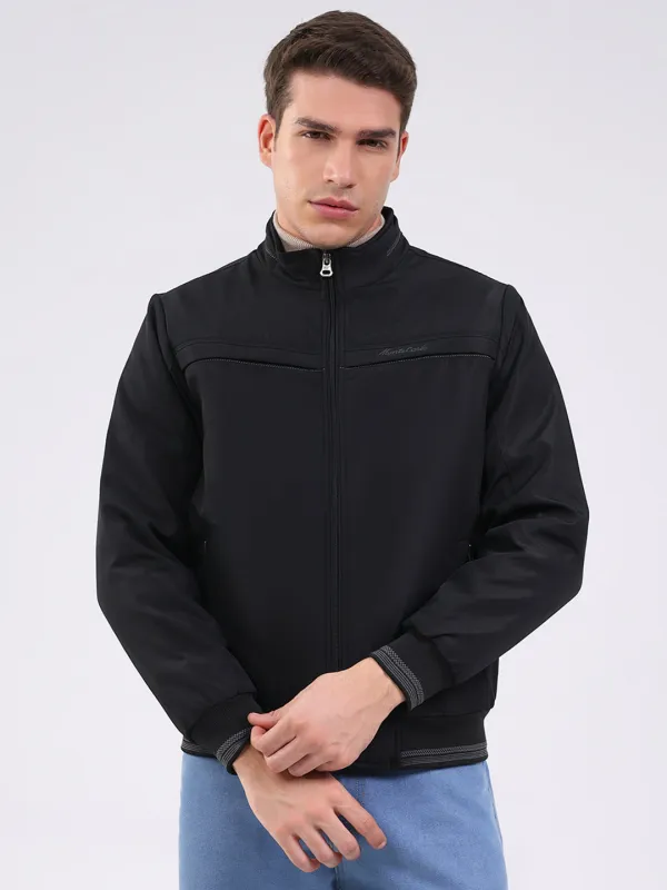 Men Black Solid Mock Neck Full Sleeve Jacket sold by Monte Carlo