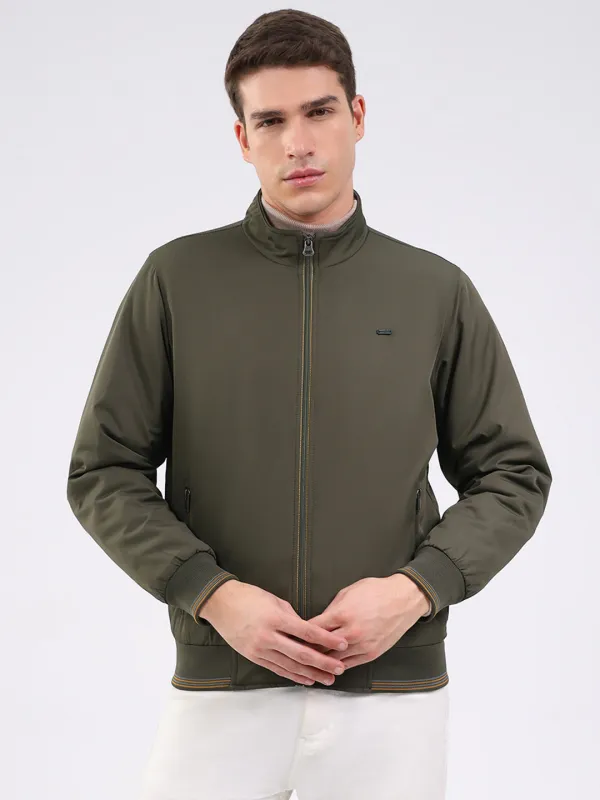 Men Olive Solid Mock Neck Full Sleeve Jacket sold by Monte Carlo
