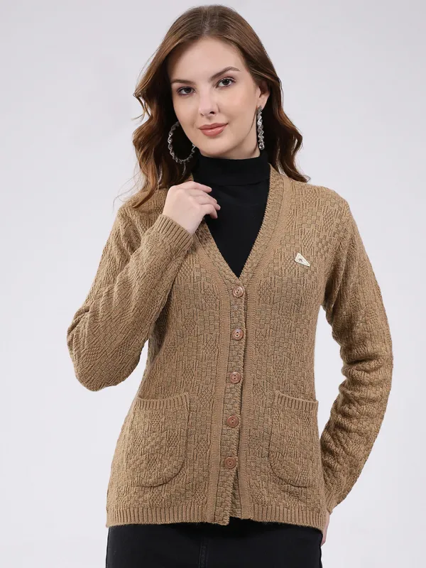 Women Camel Brown Self Design V Neck Full Sleeve Cardigan sold by Monte Carlo