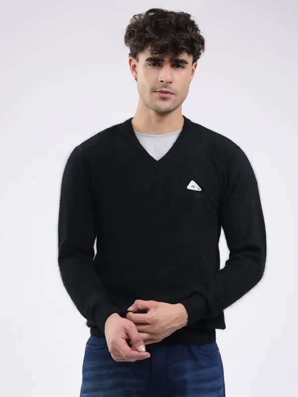 Men Black Solid V Neck Full Sleeve Pullover made by Monte Carlo