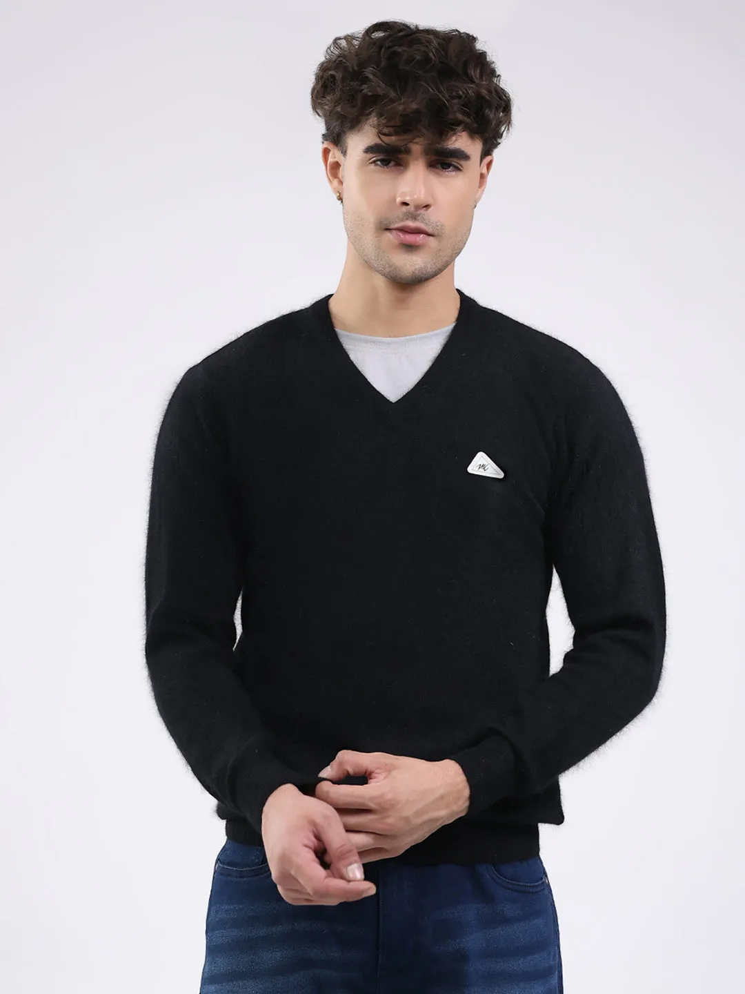 Men Black Solid V Neck Full Sleeve Pullover sold by Monte Carlo