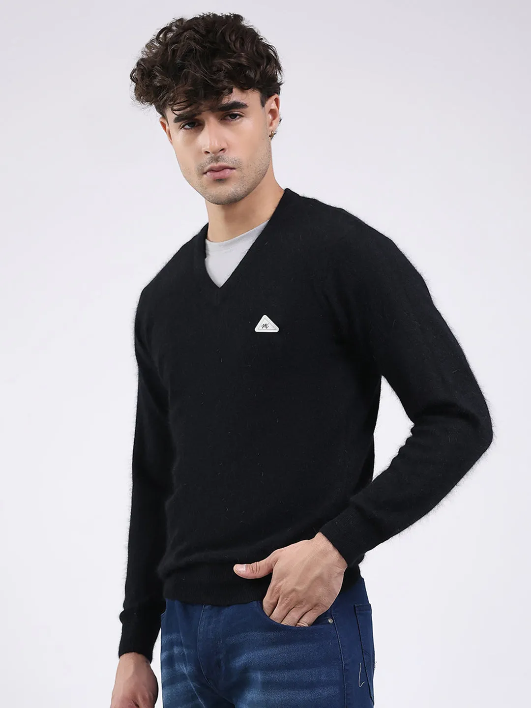 Men Black Solid V Neck Full Sleeve Pullover sold by Monte Carlo product image thumbnail 3