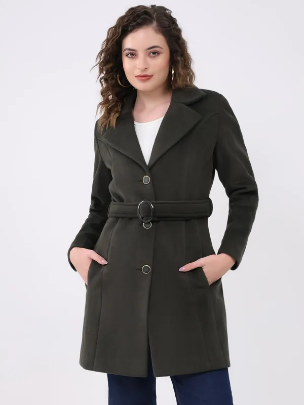 Women Olive Solid Notch Lapel Collar Full Sleeve Coat sold by Monte Carlo