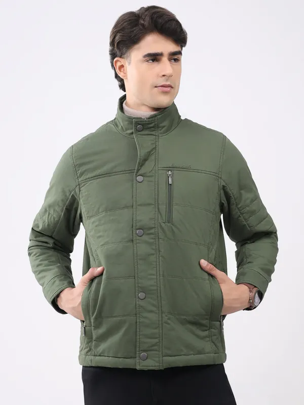 Men Olive Solid Collar Full Sleeve Jacket sold by Monte Carlo