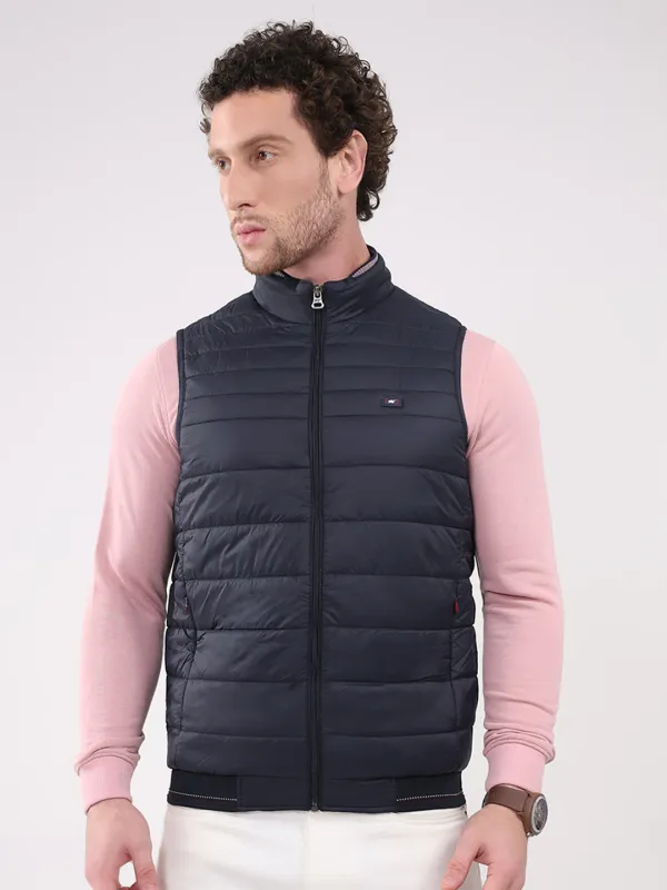 Men Navy Blue Solid Collar Sleeveless Jacket sold by Monte Carlo